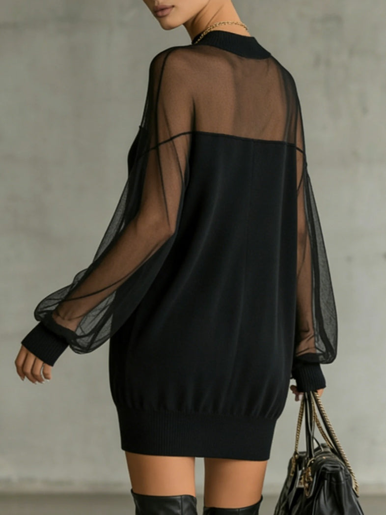 Francesca - Mini abito nero con collo alto e maniche in tulle trasparente
