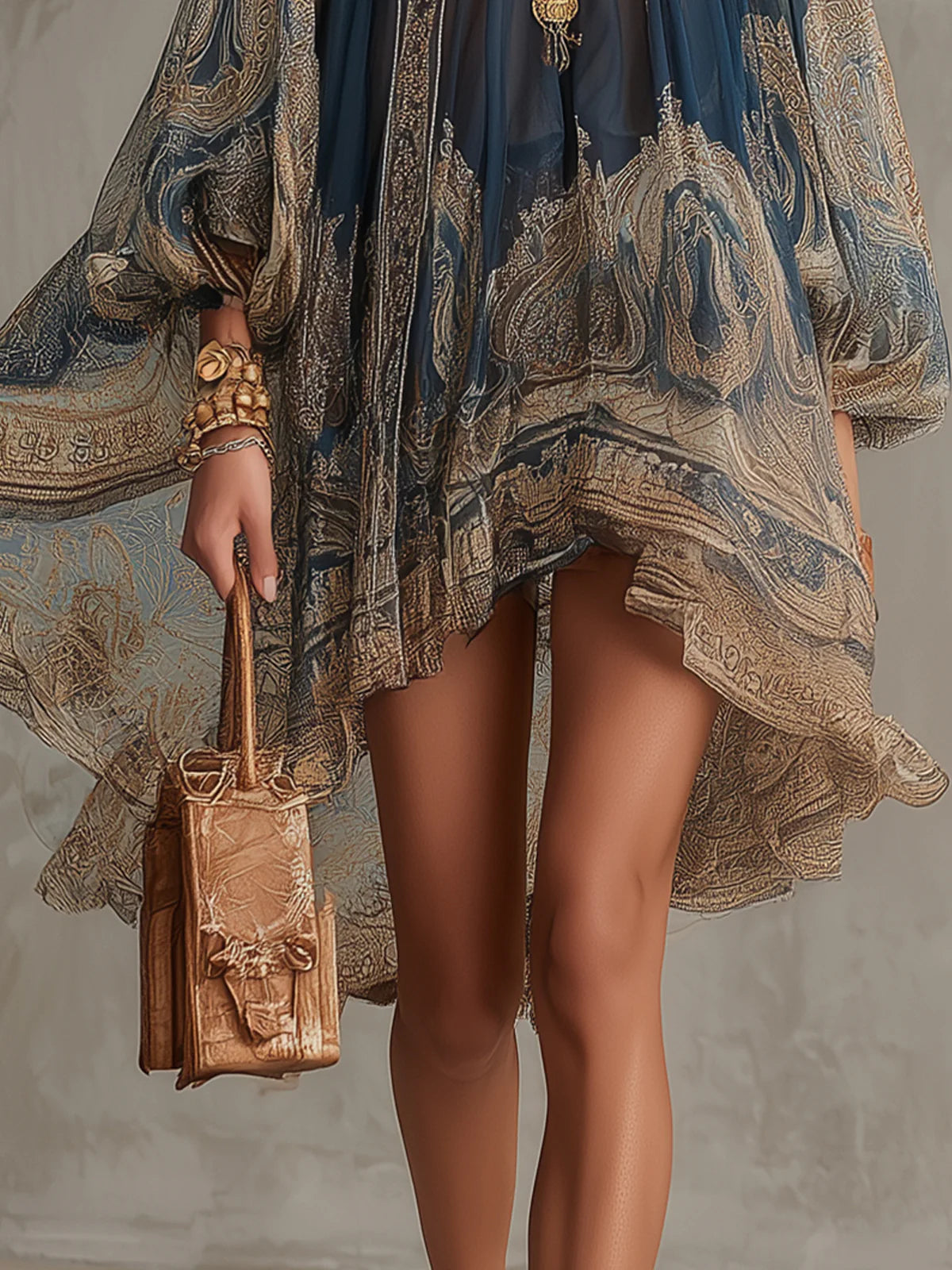 Emma - Abito mini in chiffon blu navy con stampa barocca e collo alto dal taglio irregolare
