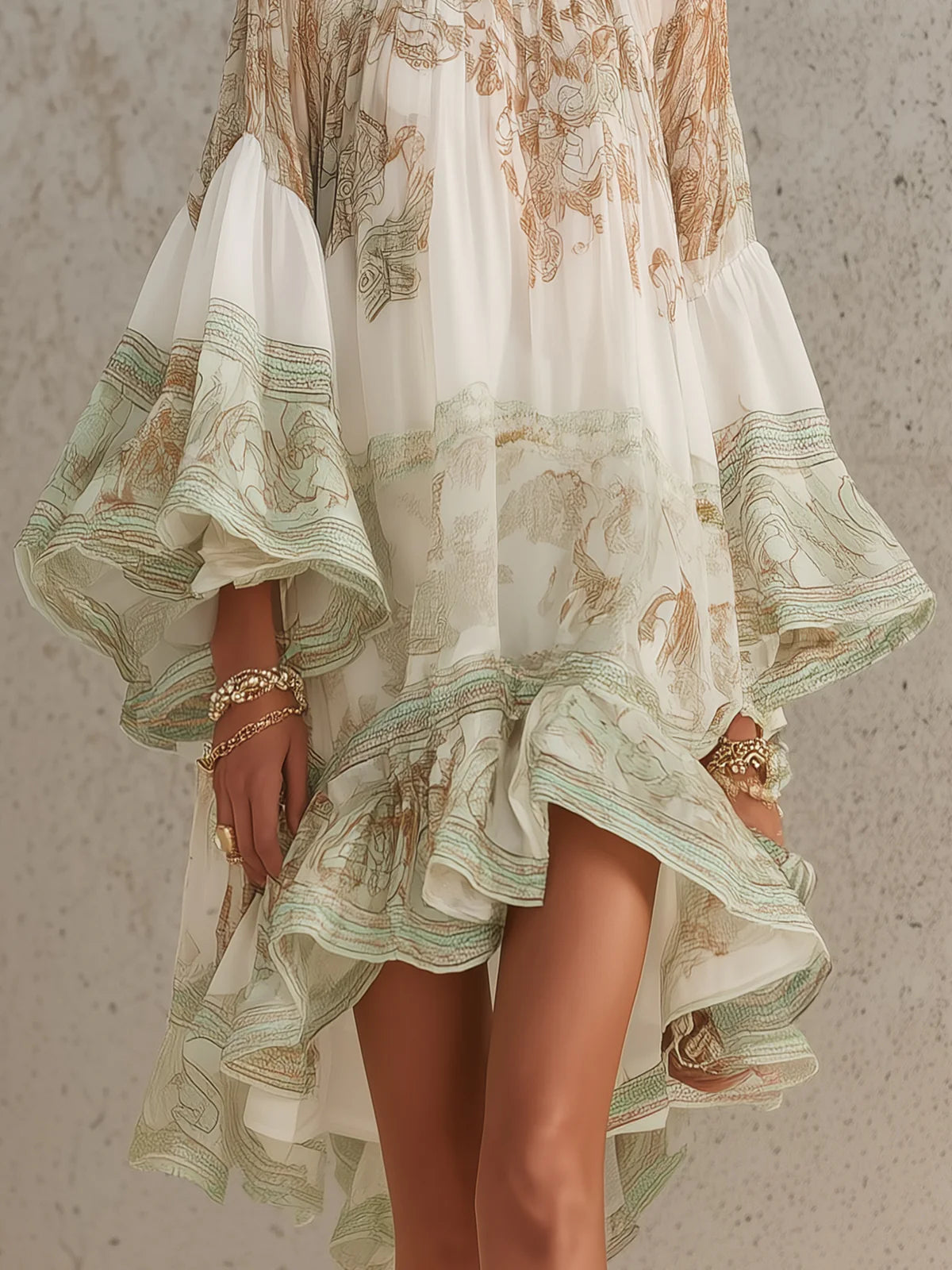 Ermellina - Mini abito in chiffon avorio con stampa barocca e volant a cascata