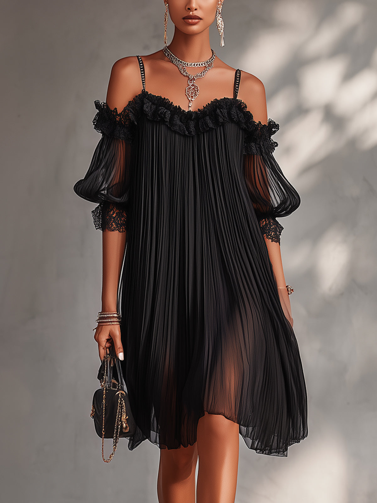 Greta - Vestito mini nero in chiffon con spalle scoperte e bordo in pizzo