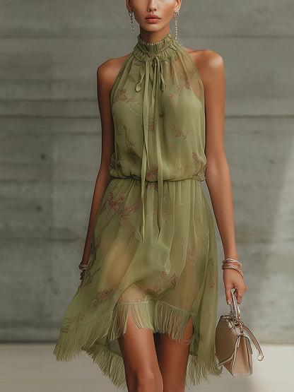 Alessia - Mini abito floreale verde in chiffon con fiocco in vita