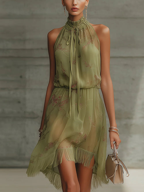 Alessia - Mini abito floreale verde in chiffon con fiocco in vita