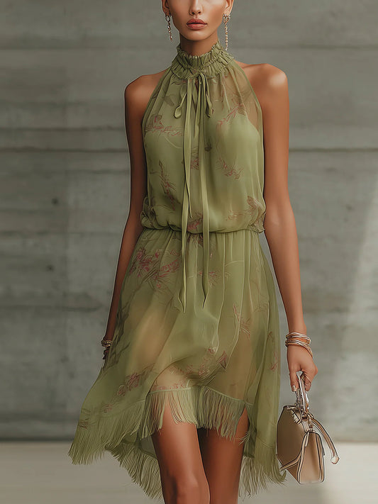 Alessia - Mini abito floreale verde in chiffon con fiocco in vita