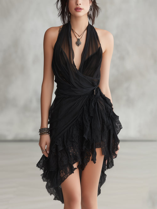Michela - Mini abito nero in pizzo con scollo all'americana e volant