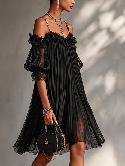 Greta - Vestito mini nero in chiffon con spalle scoperte e bordo in pizzo