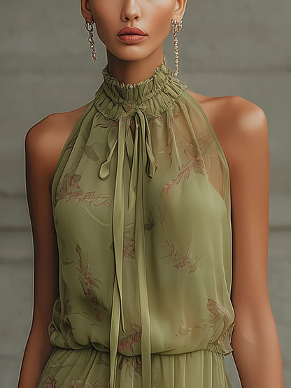 Alessia - Mini abito floreale verde in chiffon con fiocco in vita