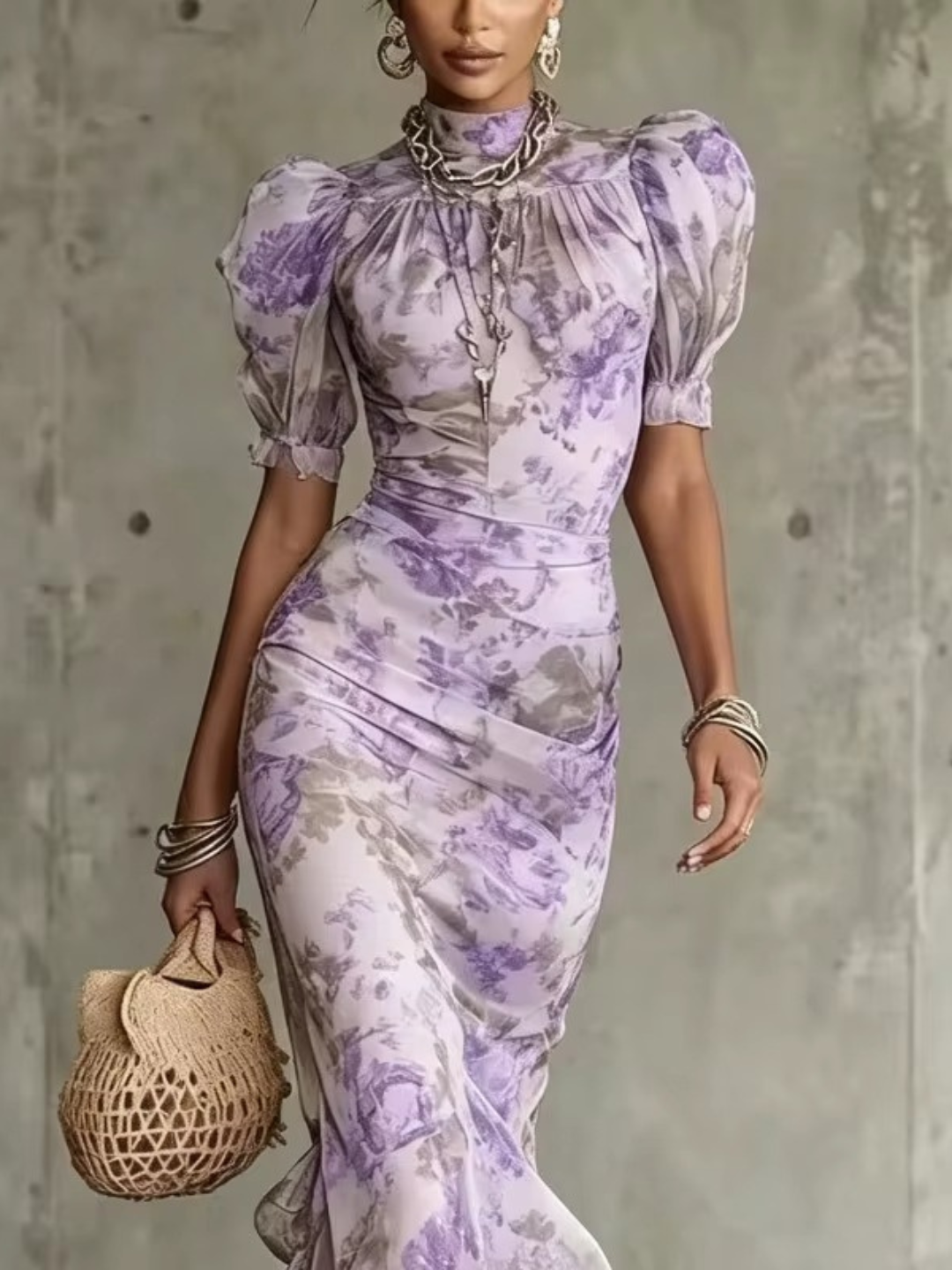 Rosse - Abito lungo con stampa a rose vintage e maniche a sbuffo