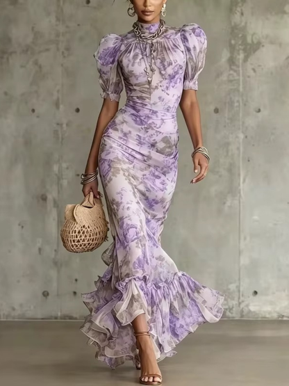 Rosse - Abito lungo con stampa a rose vintage e maniche a sbuffo
