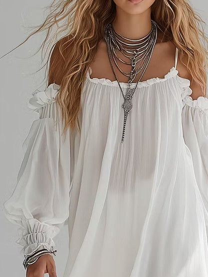 Aurora - Abito corto in stile bohemiano fluido con spalle scoperte