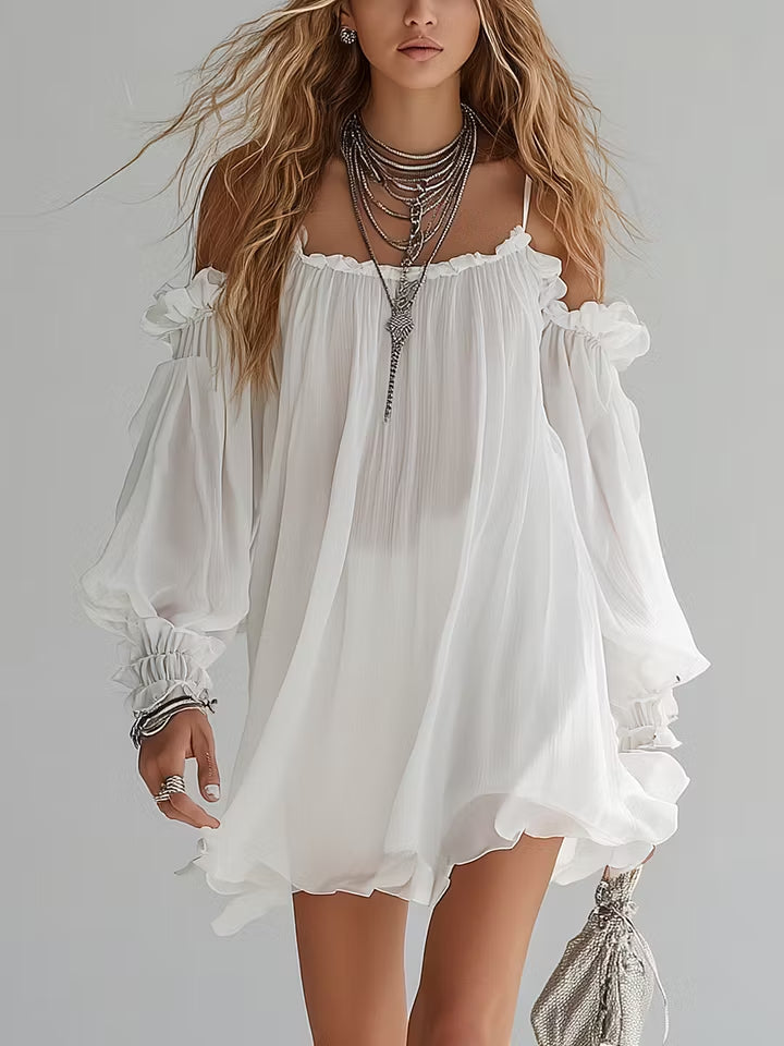 Aurora - Abito corto in stile bohemiano fluido con spalle scoperte