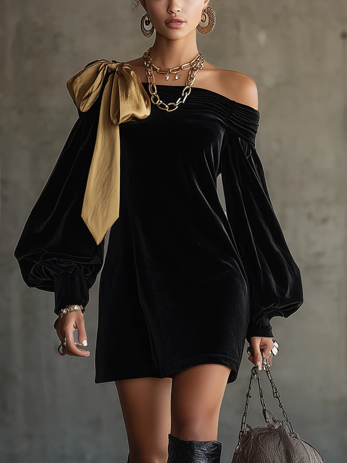 Valentina - Mini abito nero in velluto con fiocco in raso oro e scollo bardot