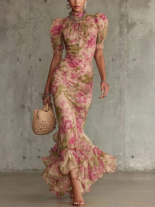 Giulia - Abito lungo con stampa a rose vintage e maniche a sbuffo