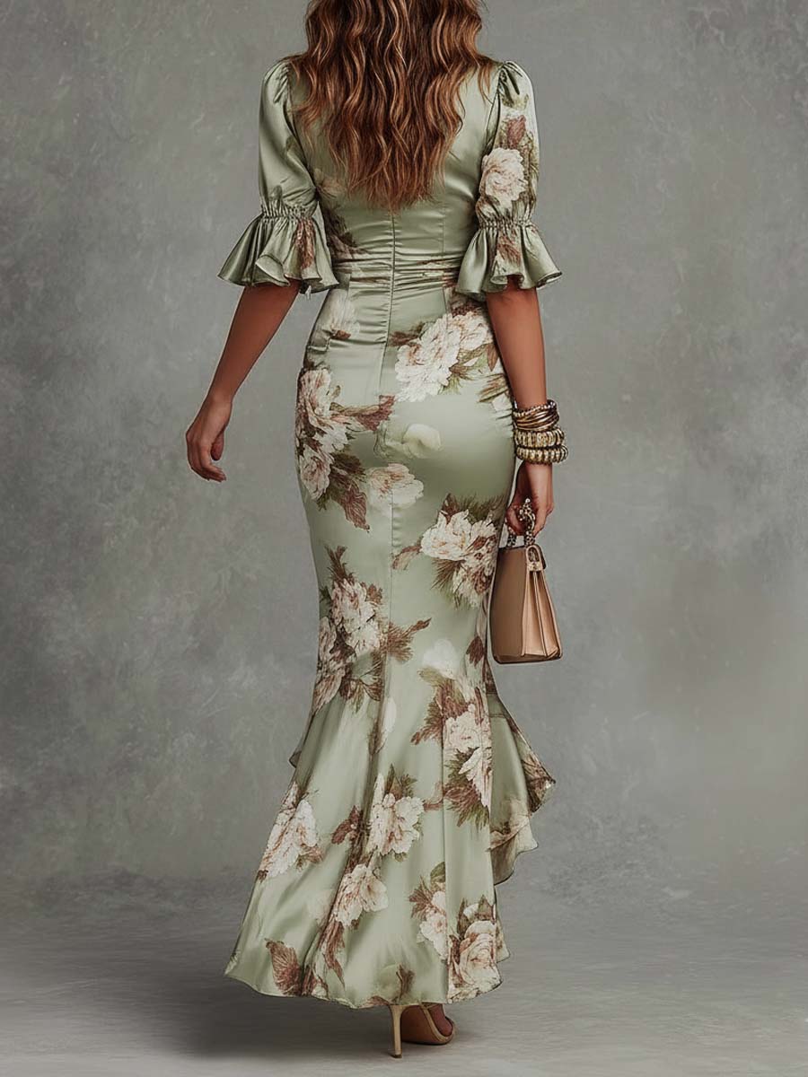 Greta - Abito Maxi Asimmetrico in Raso Floreale Verde