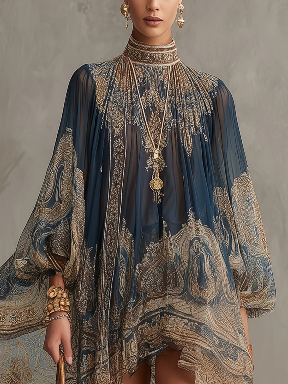 Emma - Abito mini in chiffon blu navy con stampa barocca e collo alto dal taglio irregolare