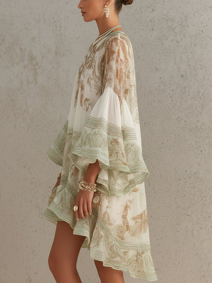 Ginevra - Vestito corto in chiffon con stampa verde, maniche a balze e orlo a volant.
