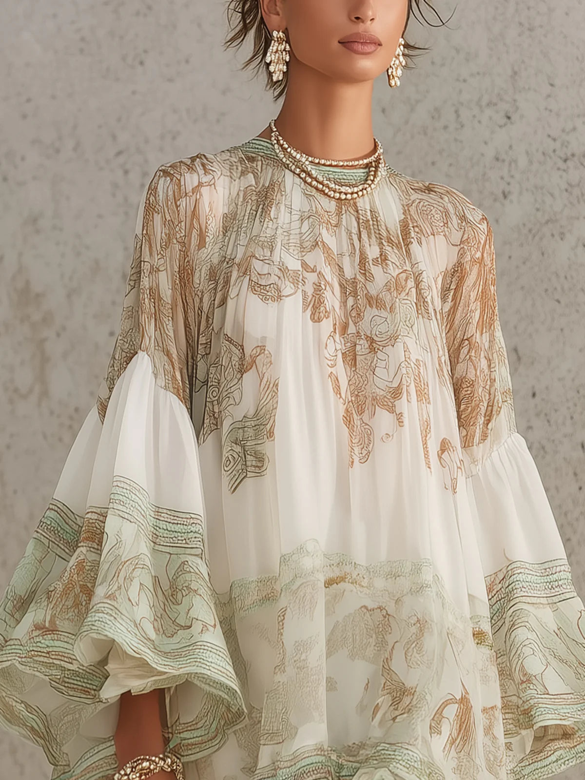 Ermellina - Mini abito in chiffon avorio con stampa barocca e volant a cascata