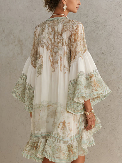 Ermellina - Mini abito in chiffon avorio con stampa barocca e volant a cascata