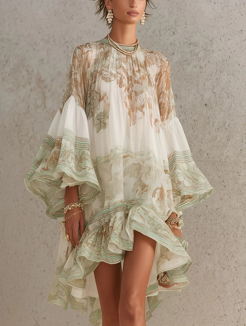 Ginevra - Vestito corto in chiffon con stampa verde, maniche a balze e orlo a volant.