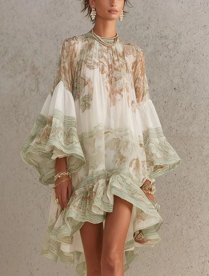 Ermellina - Mini abito in chiffon avorio con stampa barocca e volant a cascata