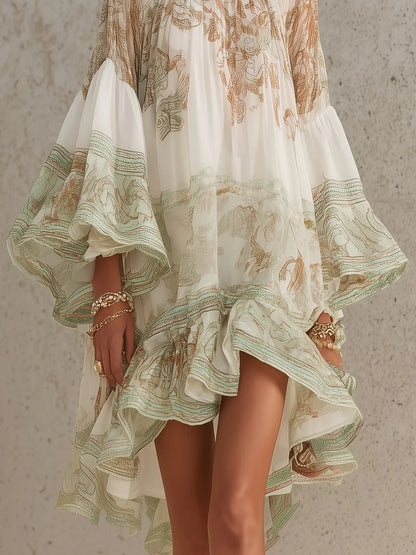 Ginevra - Vestito corto in chiffon con stampa verde, maniche a balze e orlo a volant.