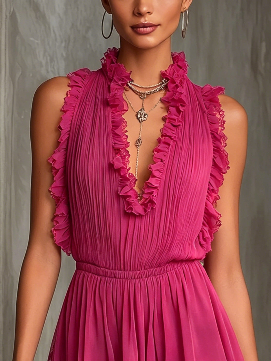 Flaviana - Tutina plissettata fucsia in chiffon con pizzo e volant