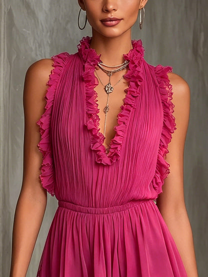 Flaviana - Tutina plissettata fucsia in chiffon con pizzo e volant