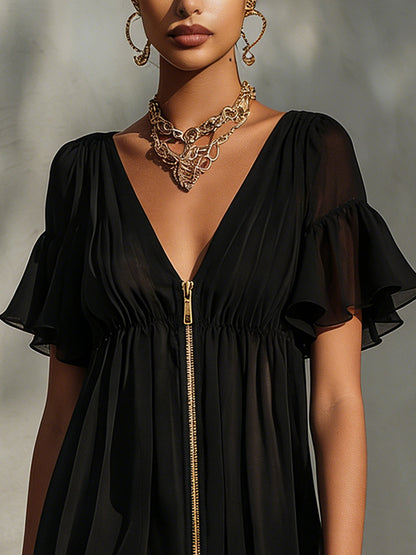 Beatrice - Vestito corto nero con zip, scollo a V, bordi in pizzo e balze