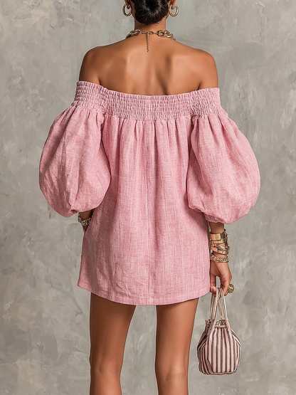Rosa - Vestito mini rosa a spalle scoperte con maniche a lanterna e taglio a linea