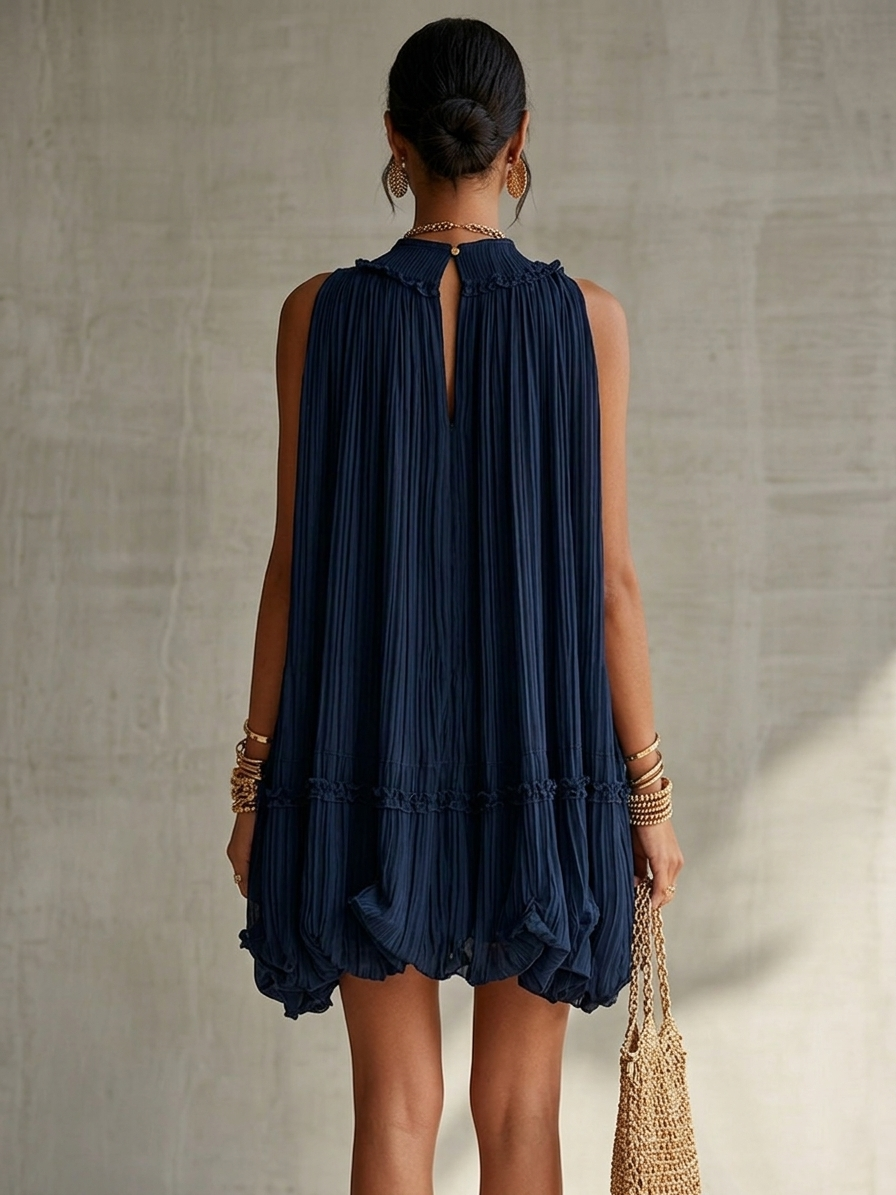 Ludovica - Vestito mini in chiffon blu navy con volant e scollo halterneck