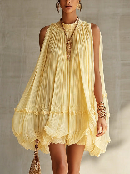 Mini abito in chiffon giallo con scollo all'americana, con volant e gonna a palloncino