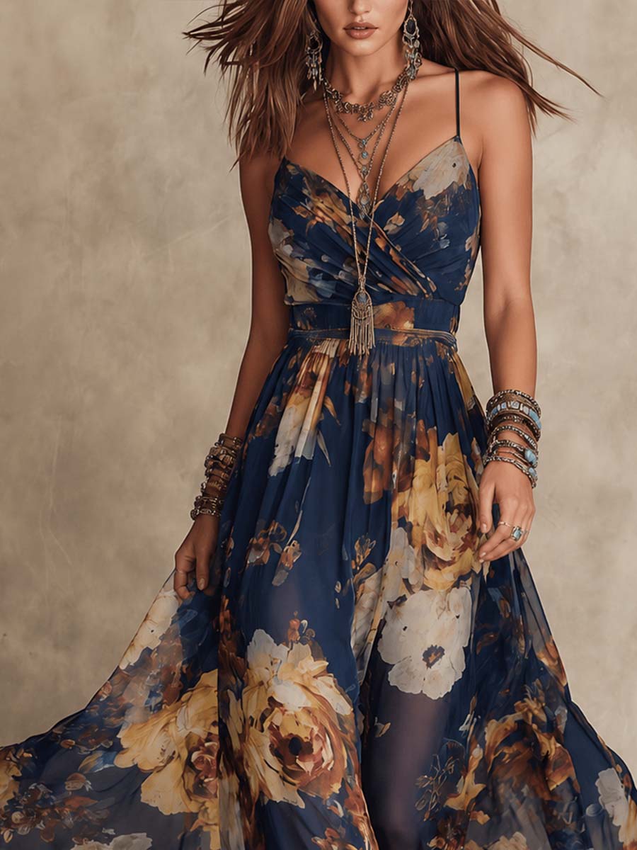 Elena - Abito lungo in chiffon floreale blu navy con spalline sottili