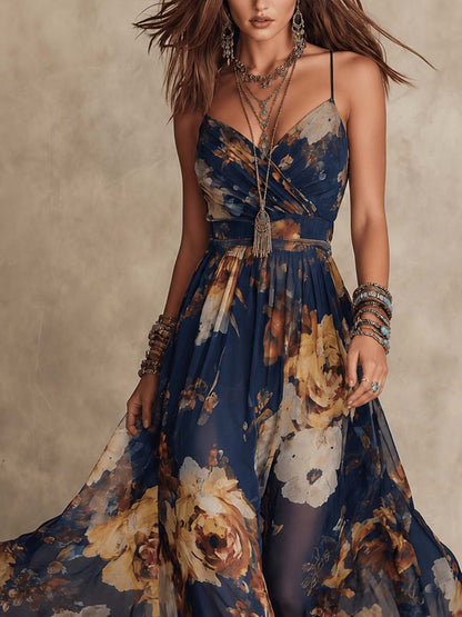 Elena - Abito lungo in chiffon floreale blu navy con spalline sottili