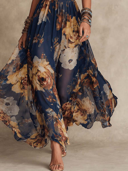 Elena - Abito lungo in chiffon floreale blu navy con spalline sottili