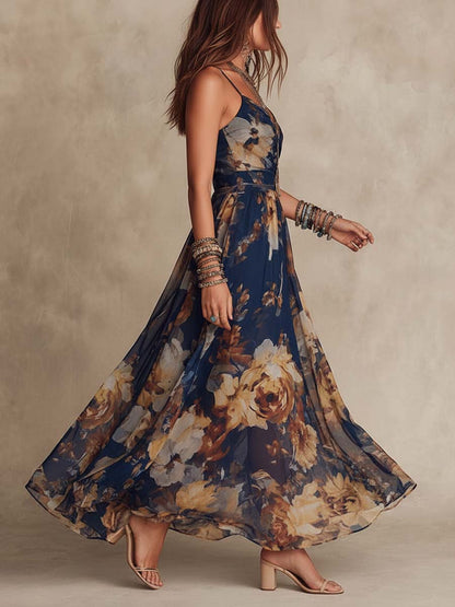 Elena - Abito lungo in chiffon floreale blu navy con spalline sottili