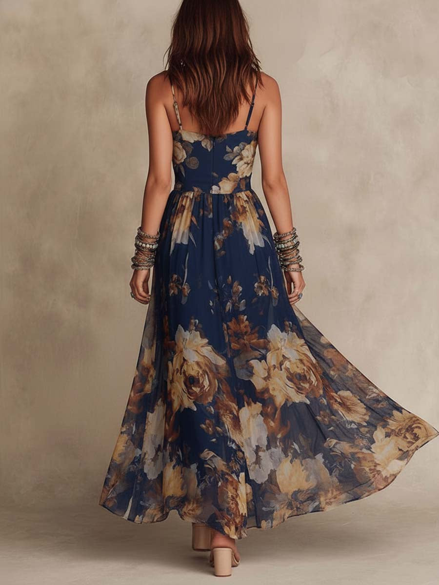 Elena - Abito lungo in chiffon floreale blu navy con spalline sottili