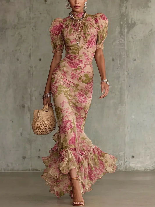 Giulia - Abito lungo con stampa a rose vintage e maniche a sbuffo