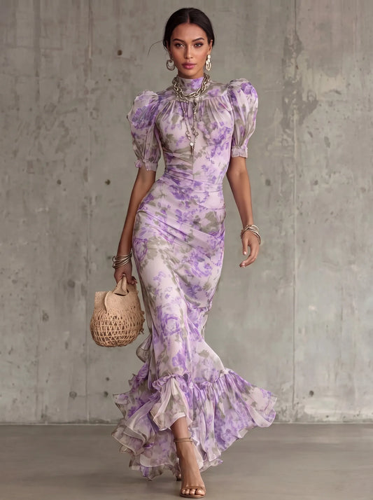 Rosse - Abito lungo con stampa a rose vintage e maniche a sbuffo