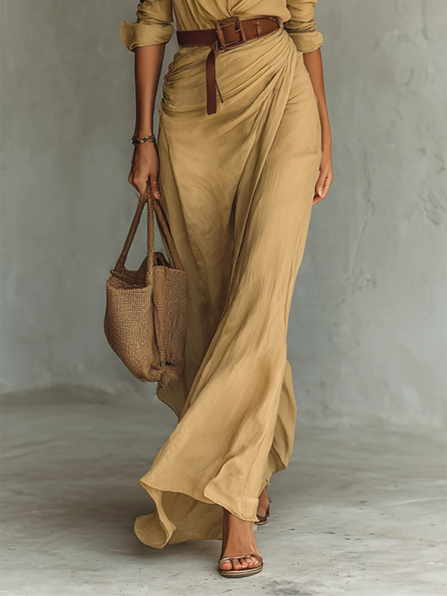 Abito Maxi Lungo con Collo a Revers e Maniche Lunghe per Donne