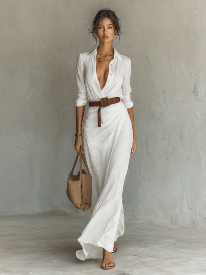 Abito Maxi Lungo con Collo a Revers e Maniche Lunghe per Donne