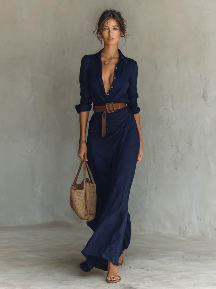 Abito Maxi Lungo con Collo a Revers e Maniche Lunghe per Donne